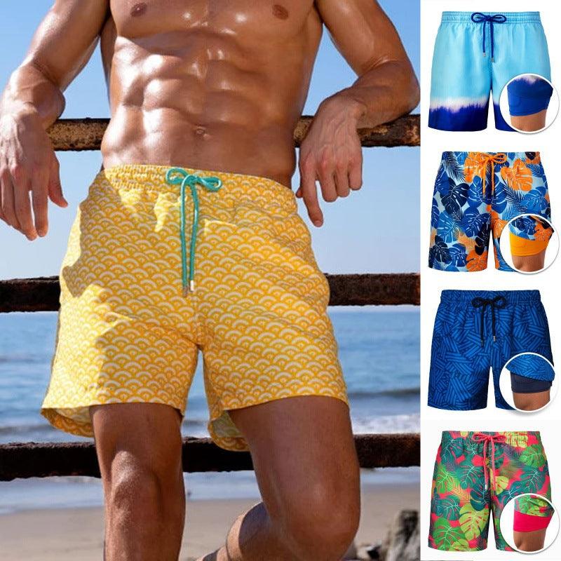 New Men's Printed Beach Shorts Sports Double Layer Shorts Summer