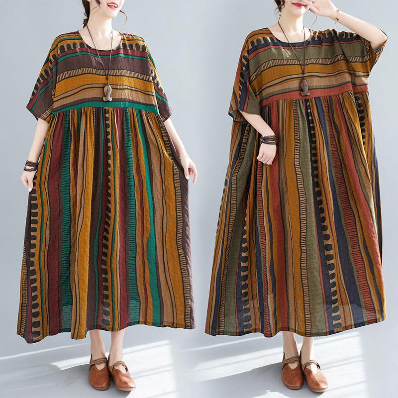 Summer New Literary Large Loose Stripe Printed Short-sleeved Dress For Women - amazitshop