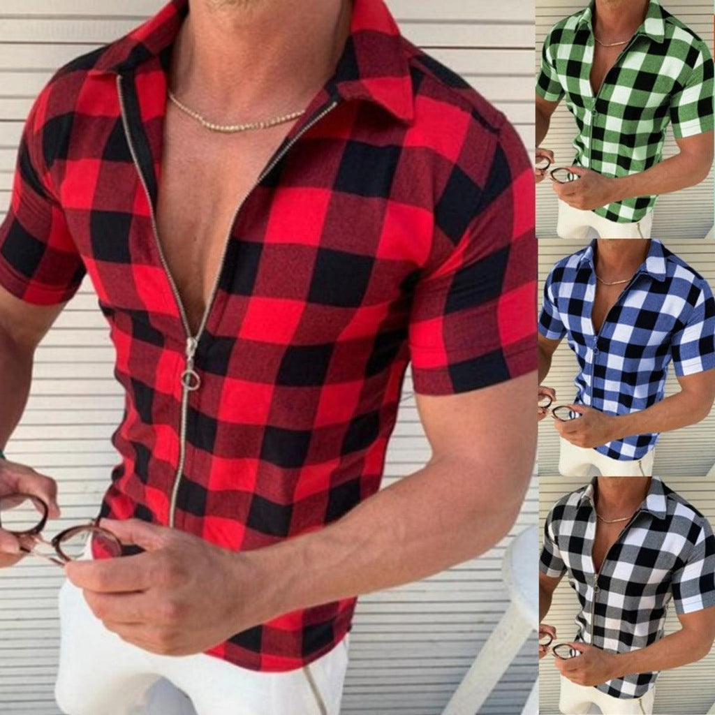 Plaid T Shirt Mens Zipper Short Sleeve Shirts Summer Men Clothing - amazitshop