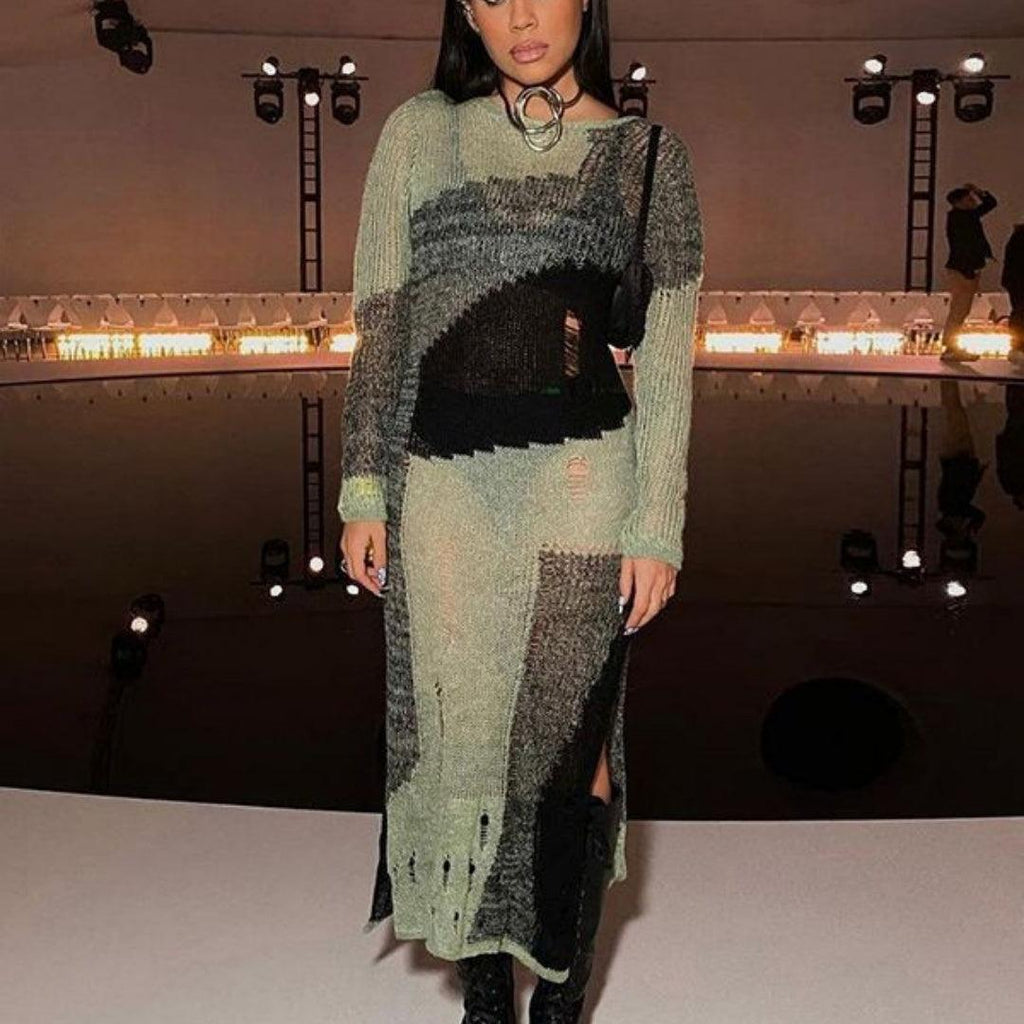 Fashion Irregular Yarn-dyed Hole High Waist Slit Slim Fit Dress Women - amazitshop