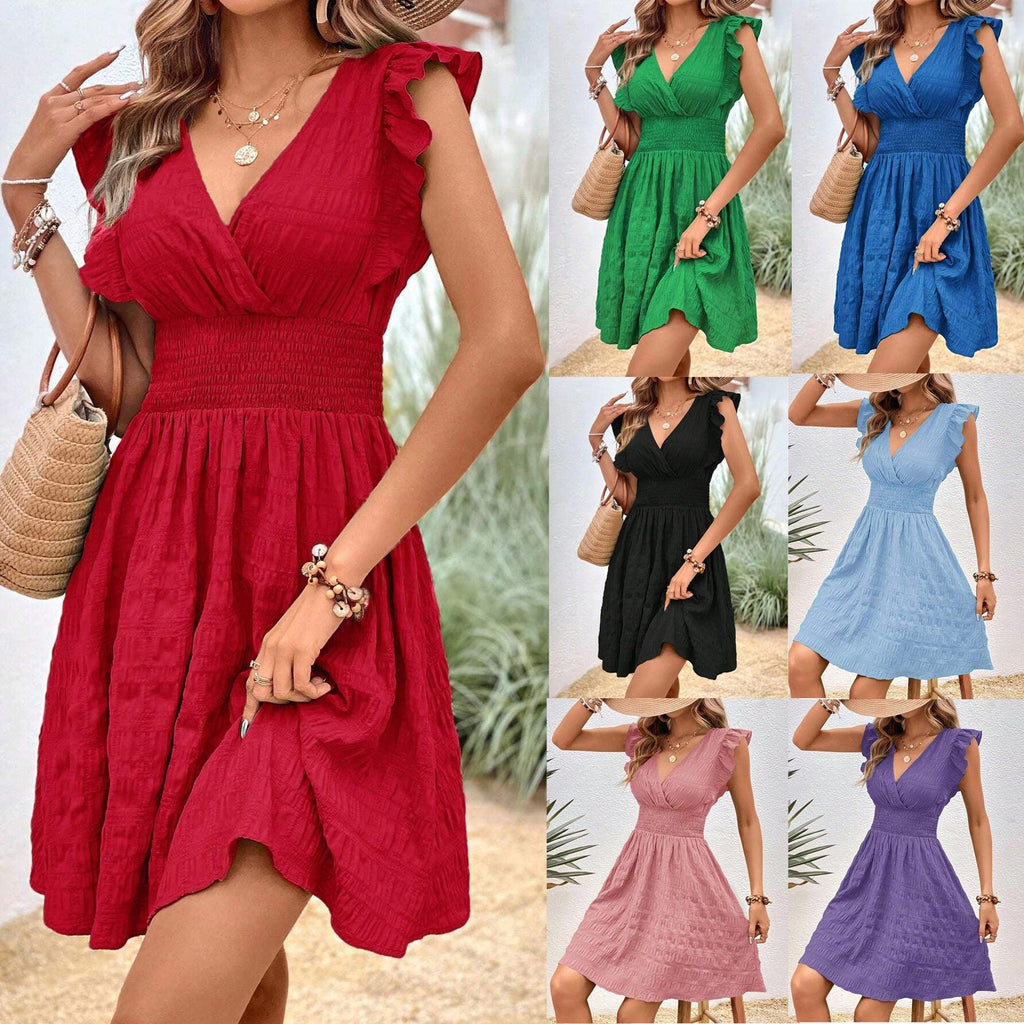 V-neck Pleated Dress Slim Fit Slimming European And American Style - amazitshop