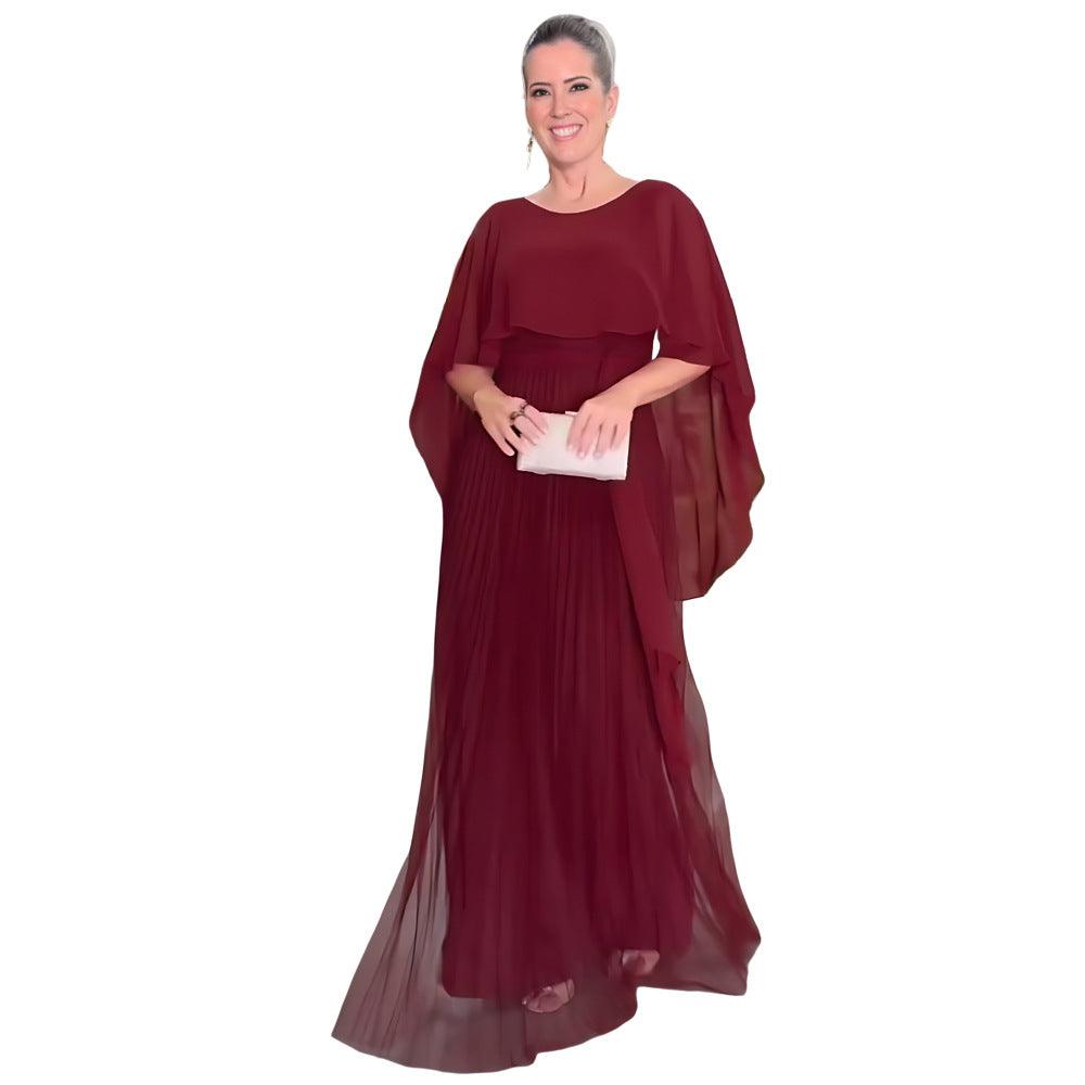 Women's Chiffon Pleated Solid Color Shawl High Waist Dress - amazitshop