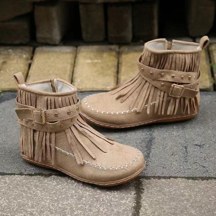 Retro Ankle Boots With Rivet Tassel Flat Shoes Women Winter Boots - amazitshop