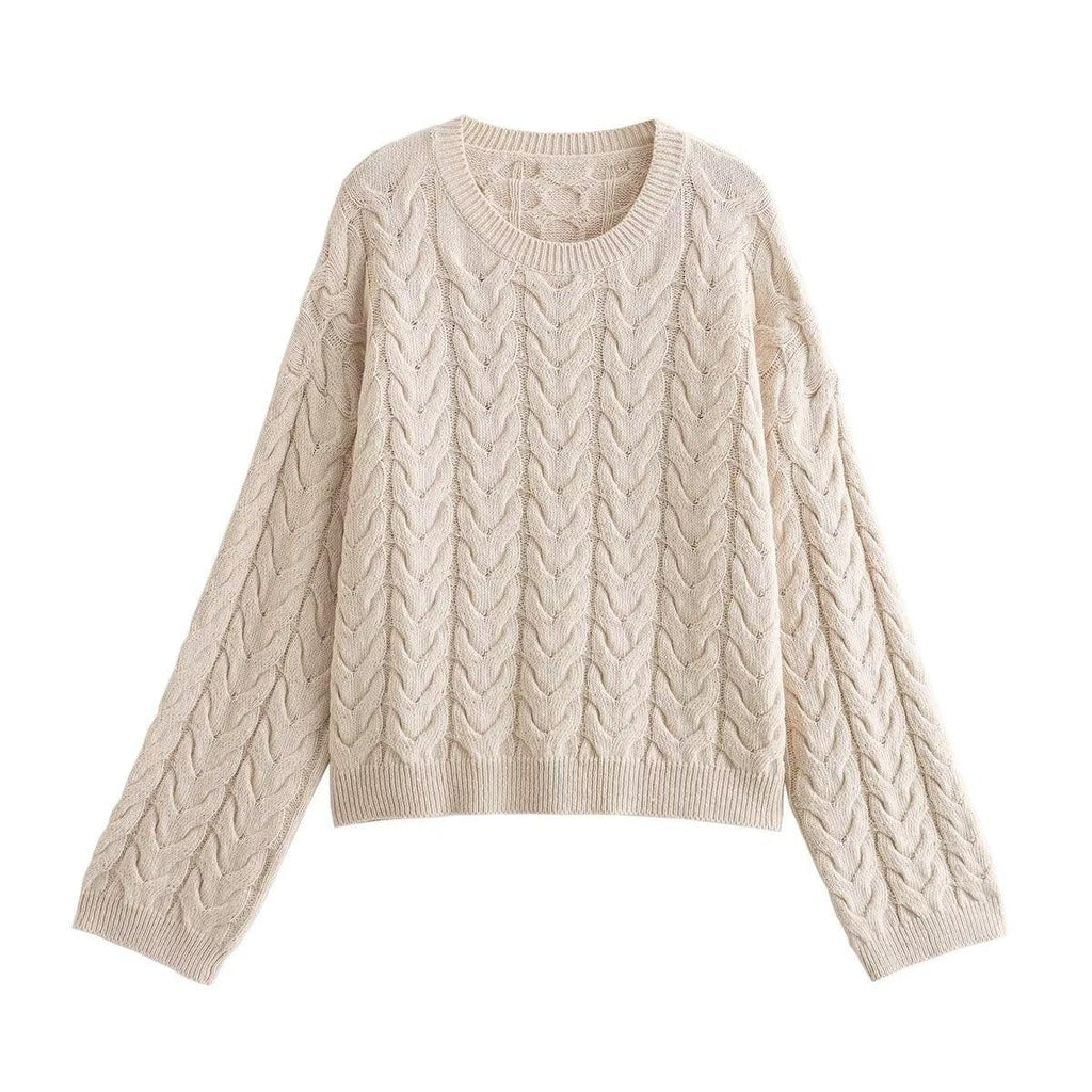 Cable-knit Sweater Round Neck Pullover Loose - amazitshop