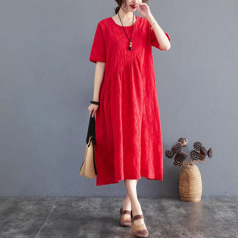 Summer New Loose And Simple Jacquard Irregular Large Size Cotton And Linen Dress For Women - amazitshop