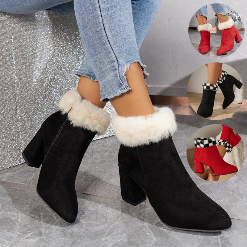 New Plaid Print Plush Ankle Boots Winter Fashoin Square Heel Suede Boots Women Casual Versatile Shoes Autumn And Winter - amazitshop