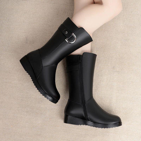 Winter Flat Non-slip Leather Shoes Fleece-lined Thermal Middle Tube Cotton Boots - amazitshop