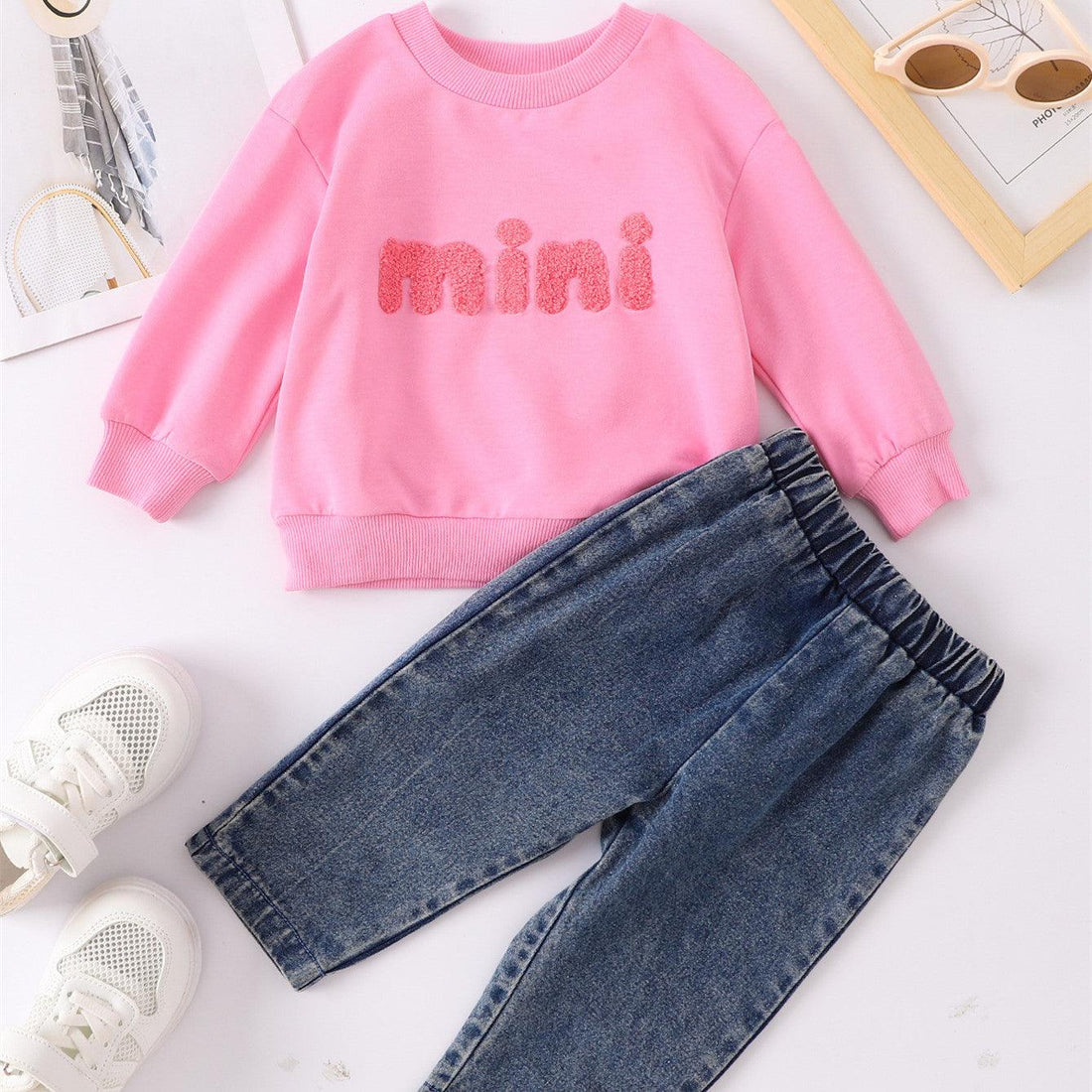 Boys And Girls Casual Letter Print Pullover Sweater Jeans Two - piece Set - Amazitshop