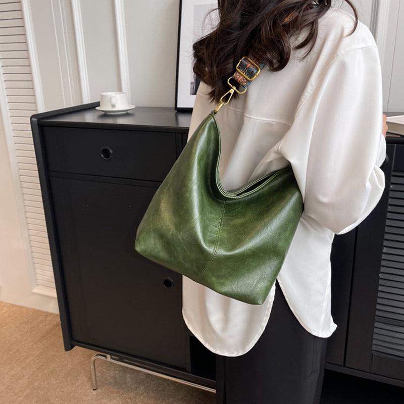 Bucket Bag Retro Print Wide Shoulder Strap Messenger Shoulder Bags Solid Color Shopping Daily Commuter Handbag - Amazitshop