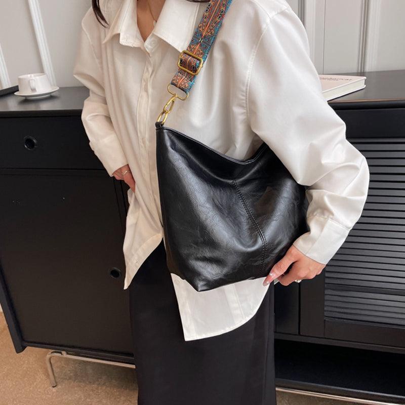 Bucket Bag Retro Print Wide Shoulder Strap Messenger Shoulder Bags Solid Color Shopping Daily Commuter Handbag - Amazitshop