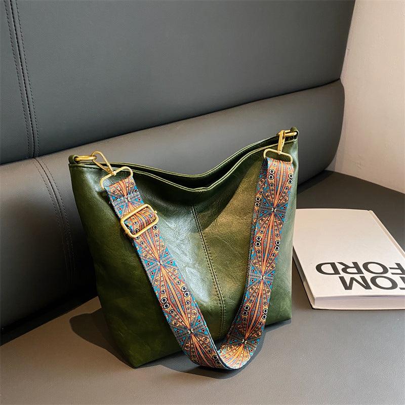 Bucket Bag Retro Print Wide Shoulder Strap Messenger Shoulder Bags Solid Color Shopping Daily Commuter Handbag - Amazitshop