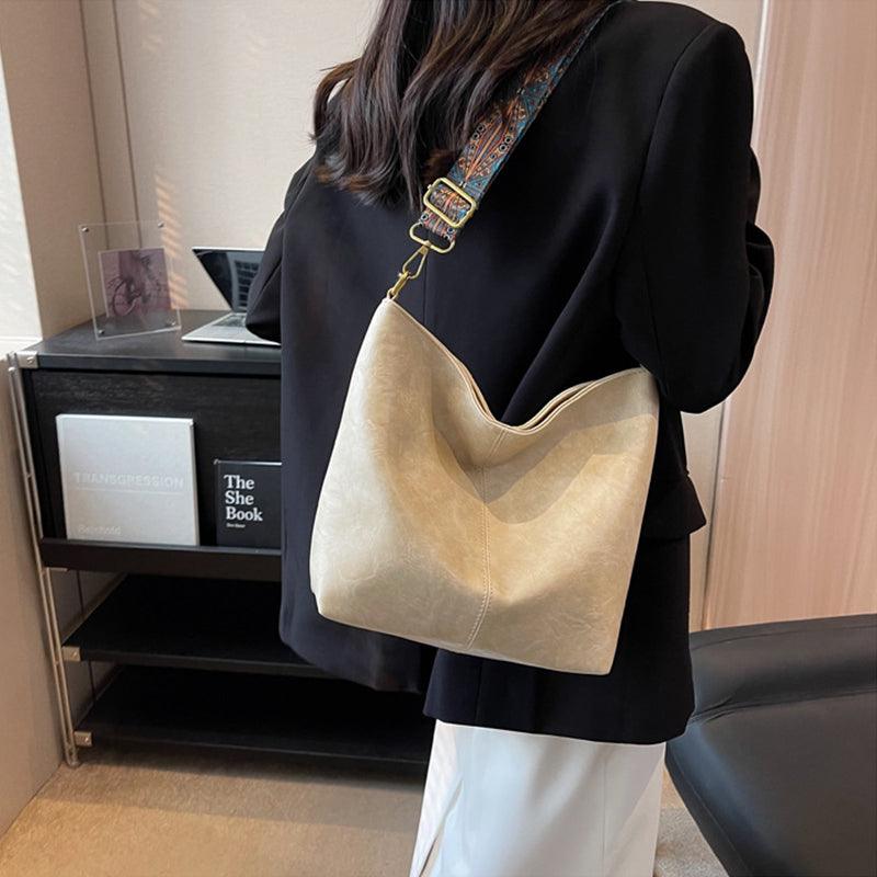 Bucket Bag Retro Print Wide Shoulder Strap Messenger Shoulder Bags Solid Color Shopping Daily Commuter Handbag - Amazitshop