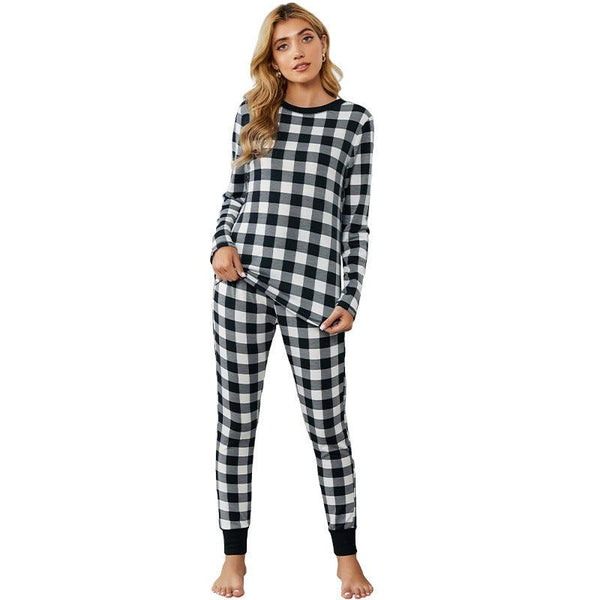 Christmas Long-sleeved Trousers Loungewear Suit Plaid Contrast Color Home Pajamas For Women - amazitshop