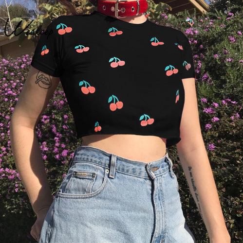 Black Cherry Summary Crop Top Tee Kawaii Shirt Women - amazitshop