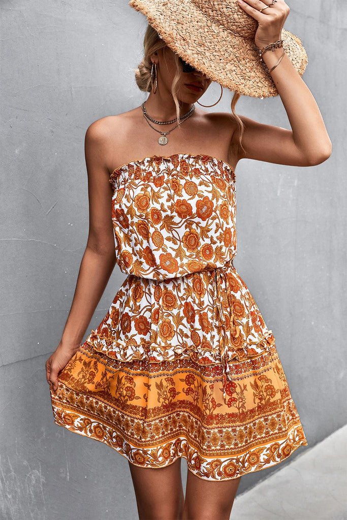 Women's Bohemian Floral Print Strapless Dress Summer Beach Dress - amazitshop