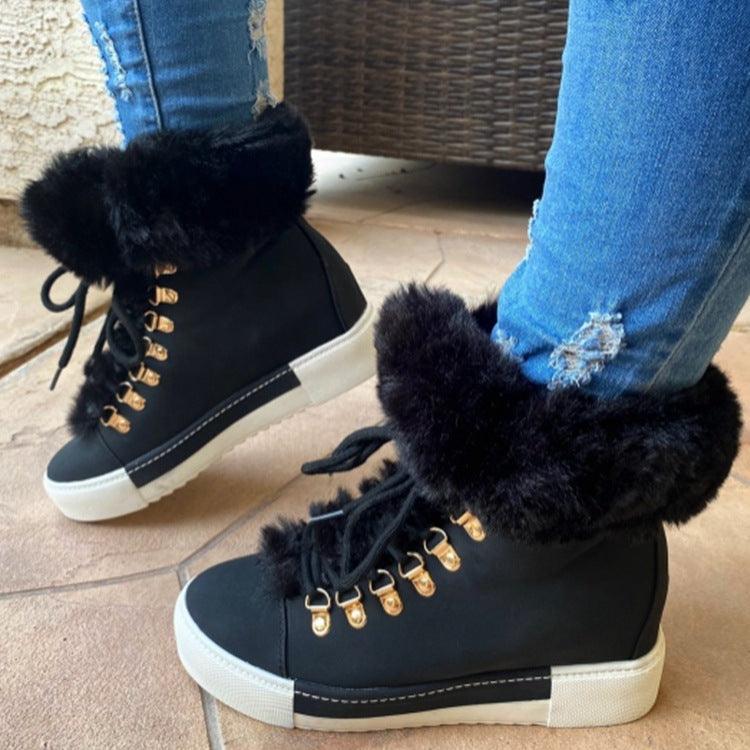 Lace-up Boots Cute Thick Sole Heighten Non Slip Snow Shoes Fall Winter Keep Warm Plush Lined Furry Ankle Boots Outdoor Walking Flat Shoes - amazitshop