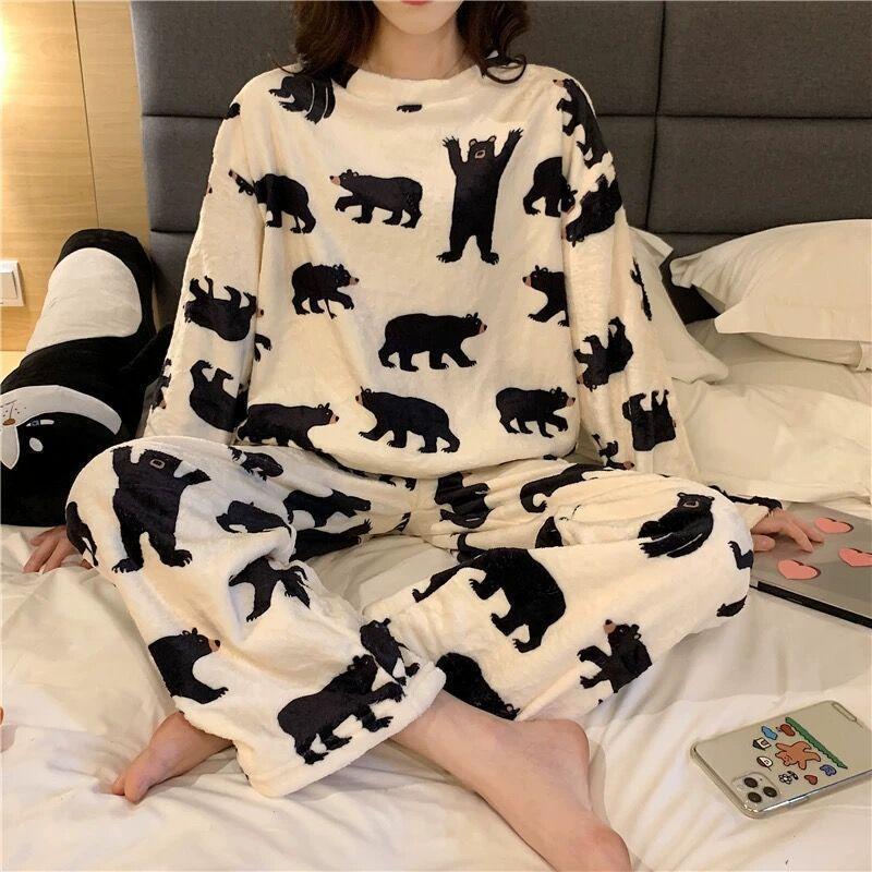 Cartoon Print Pajamas Sets Winter Warm Long Sleeve Sleepwear Home Nightclothes Women - Amazitshop