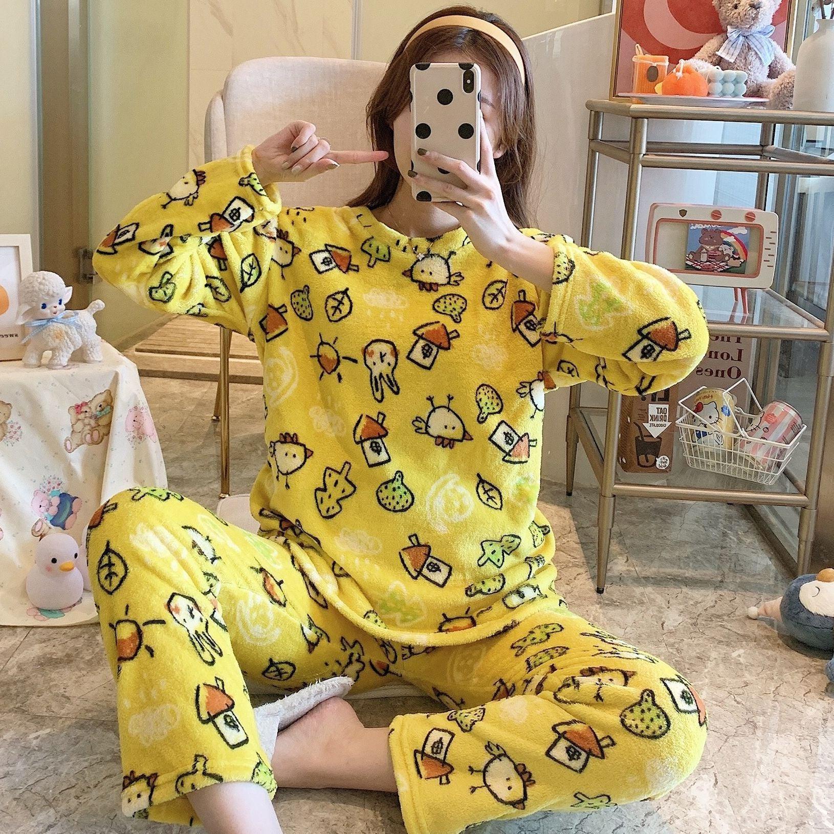Cartoon Print Pajamas Sets Winter Warm Long Sleeve Sleepwear Home Nightclothes Women - Amazitshop