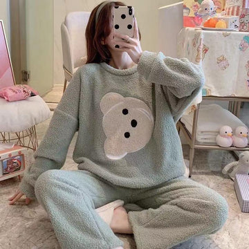 Cartoon Print Pajamas Sets Winter Warm Long Sleeve Sleepwear Home Nightclothes Women - Amazitshop
