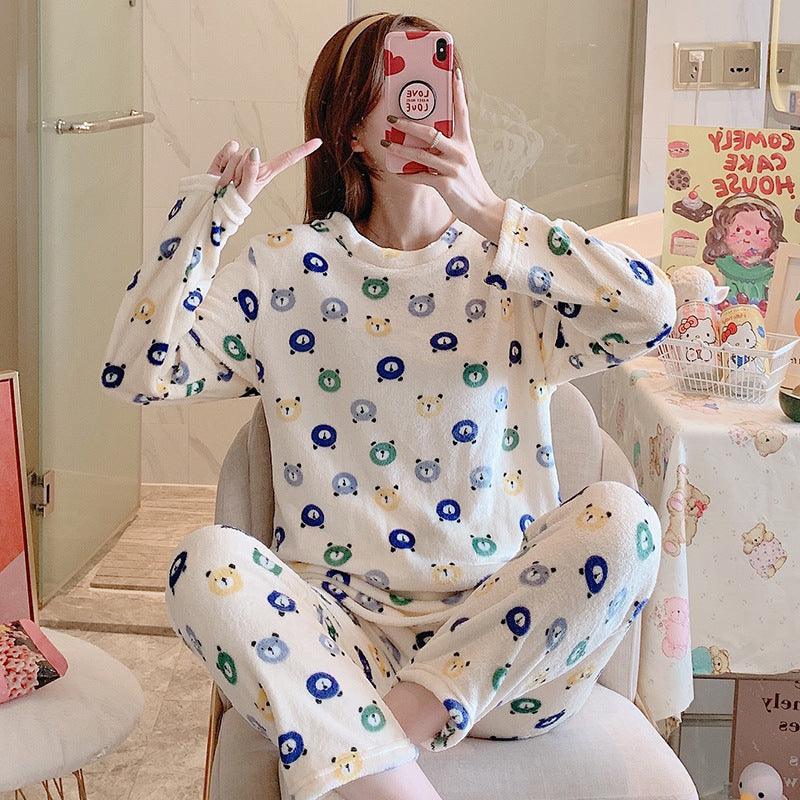 Cartoon Print Pajamas Sets Winter Warm Long Sleeve Sleepwear Home Nightclothes Women - Amazitshop