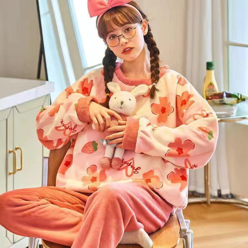 Cartoon Print Pajamas Sets Winter Warm Long Sleeve Sleepwear Home Nightclothes Women - Amazitshop