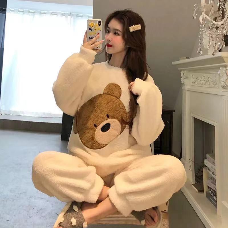 Cartoon Print Pajamas Sets Winter Warm Long Sleeve Sleepwear Home Nightclothes Women - Amazitshop