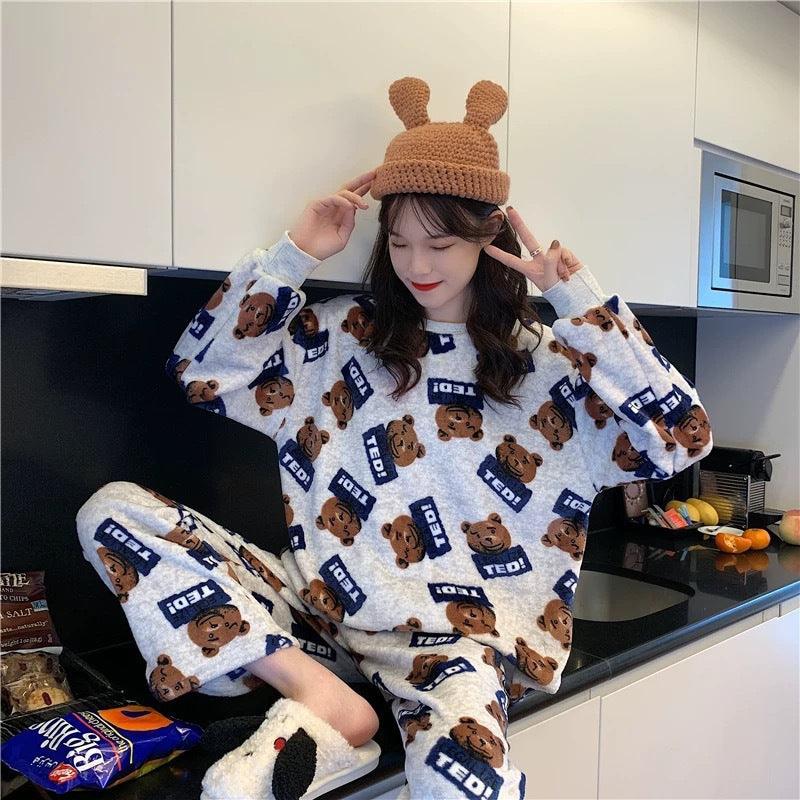 Cartoon Print Pajamas Sets Winter Warm Long Sleeve Sleepwear Home Nightclothes Women - Amazitshop