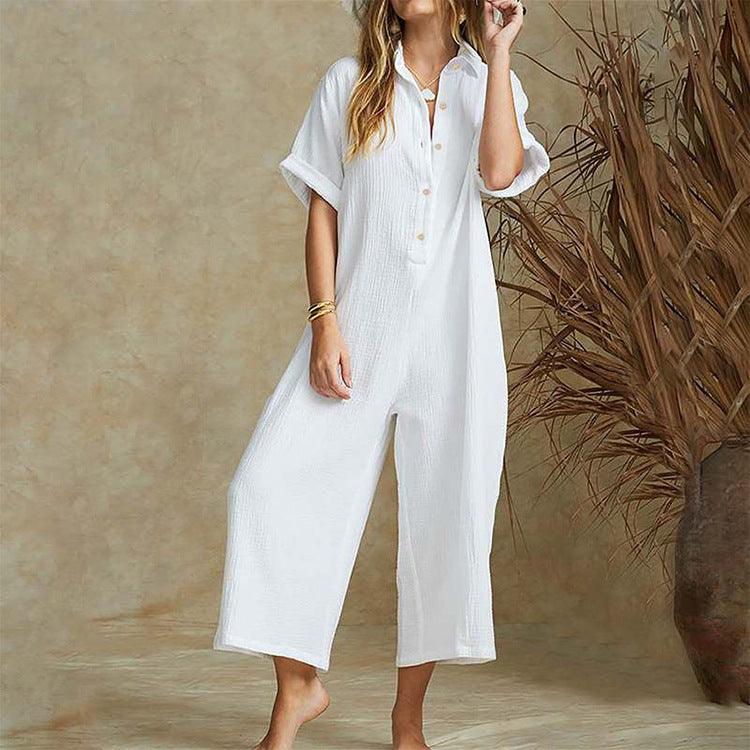 Casual Loose Long Jumpsuit Short Sleeve Rompers - Amazitshop