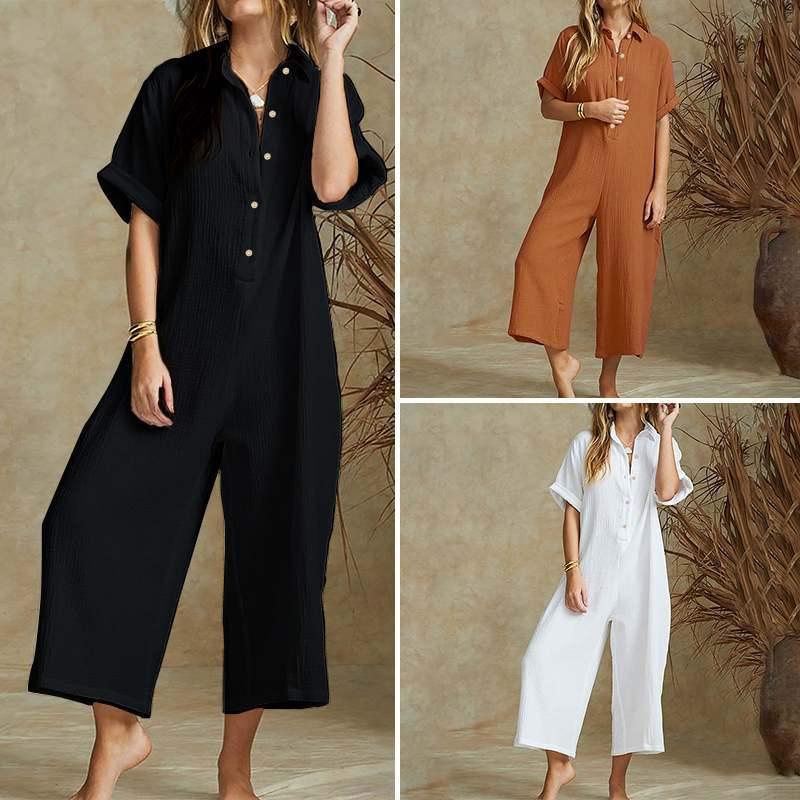 Casual Loose Long Jumpsuit Short Sleeve Rompers - Amazitshop