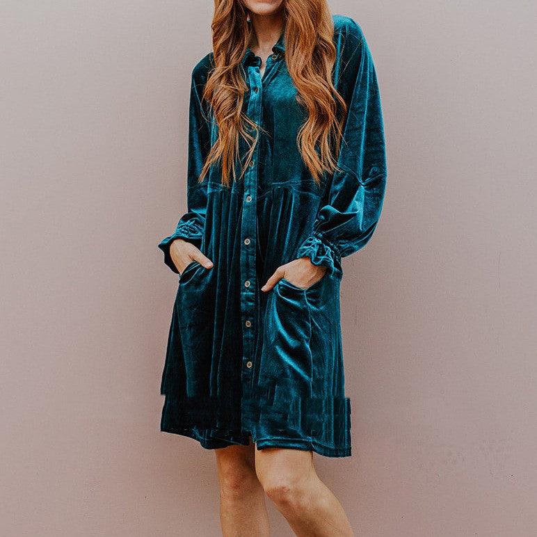 Collar Buckle Elegant Long Sleeve Dress - Amazitshop