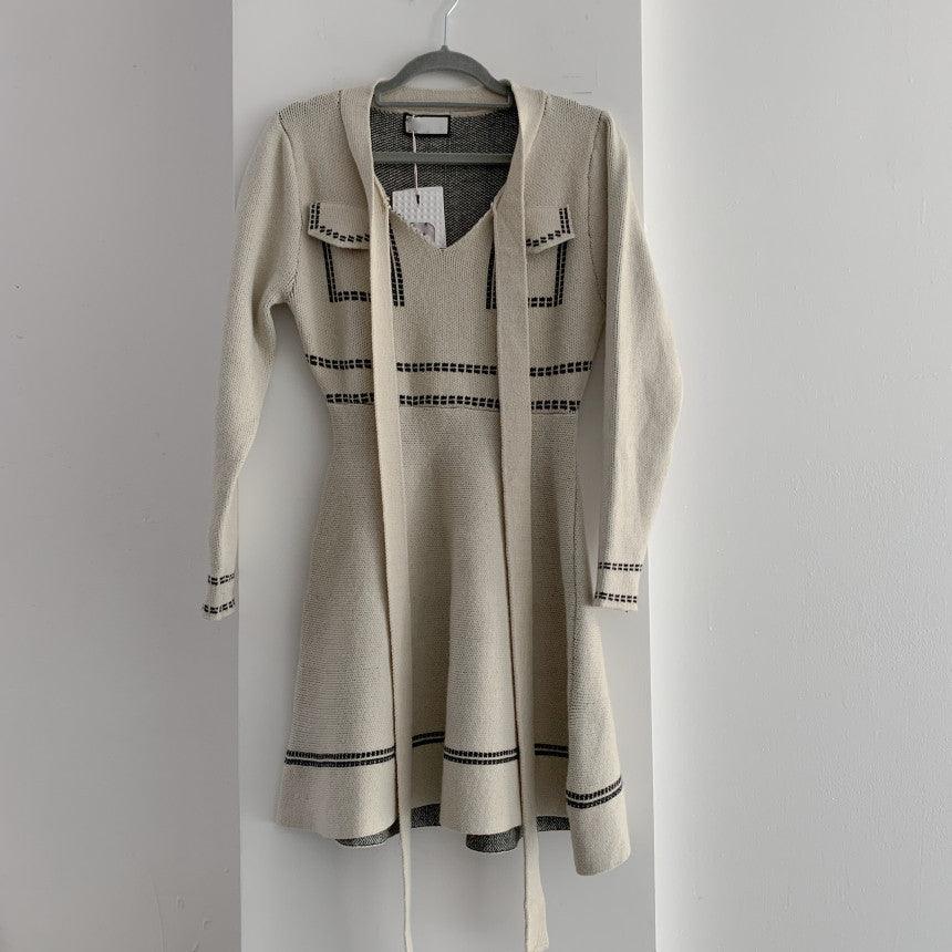 Contrasting Color Thread Design Sense Age - reducing Lace - up Knitted Long - sleeved Dress - Amazitshop