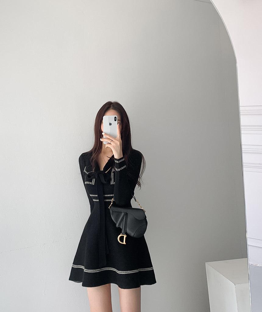 Contrasting Color Thread Design Sense Age - reducing Lace - up Knitted Long - sleeved Dress - Amazitshop
