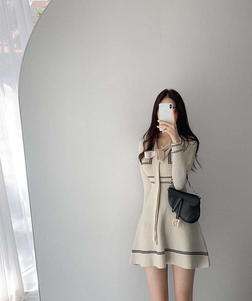 Contrasting Color Thread Design Sense Age - reducing Lace - up Knitted Long - sleeved Dress - Amazitshop