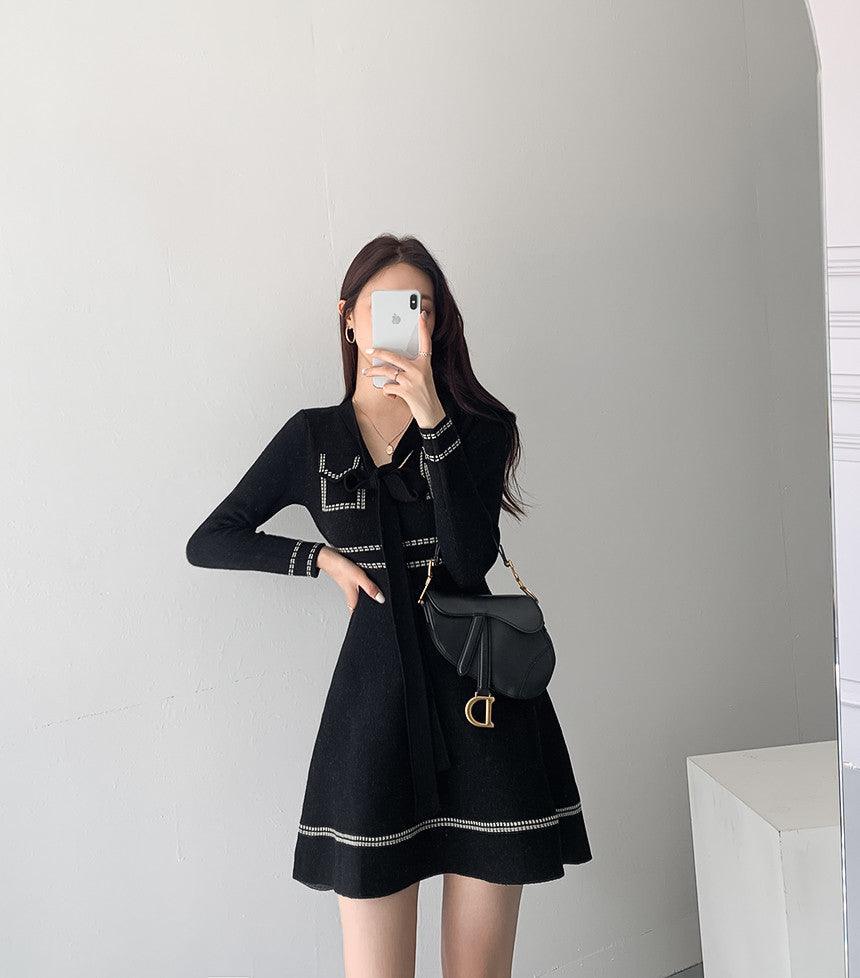 Contrasting Color Thread Design Sense Age - reducing Lace - up Knitted Long - sleeved Dress - Amazitshop