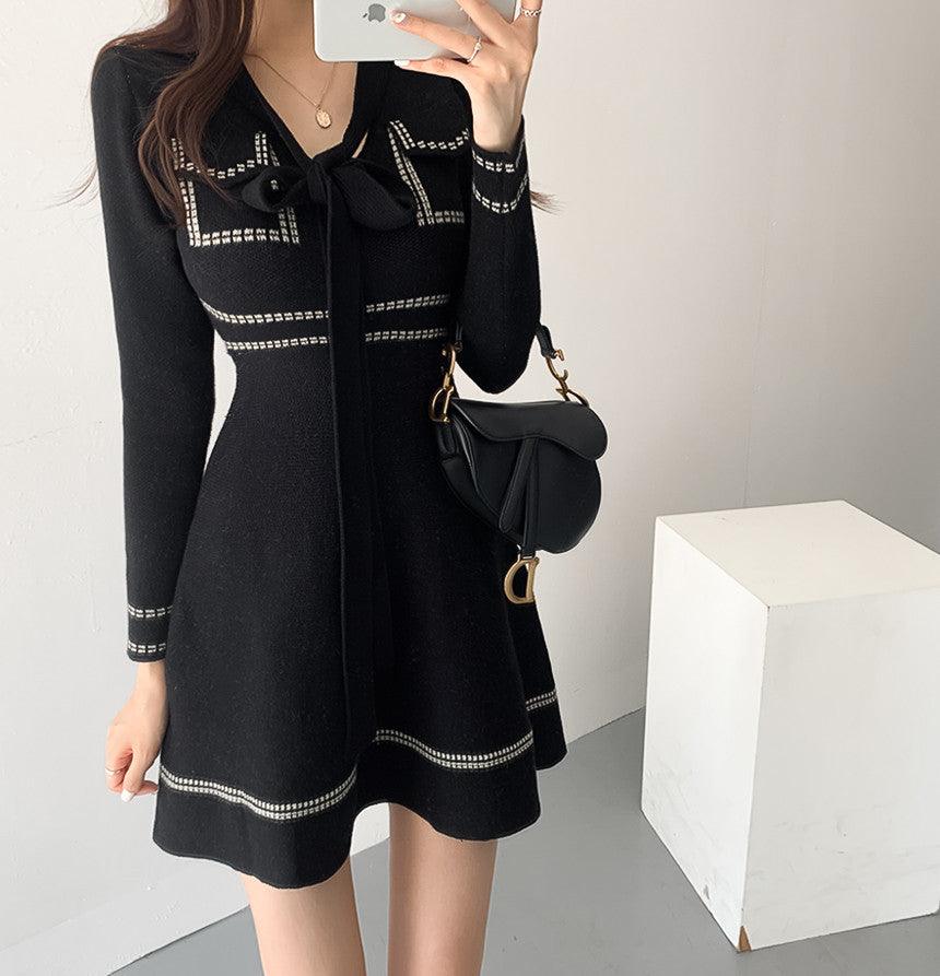 Contrasting Color Thread Design Sense Age - reducing Lace - up Knitted Long - sleeved Dress - Amazitshop