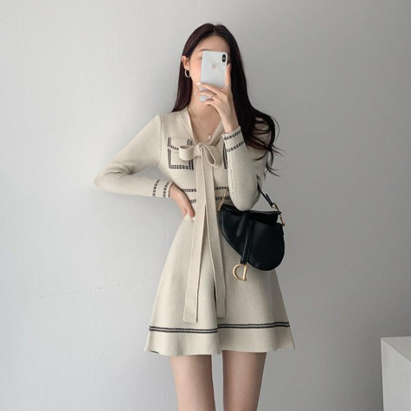 Contrasting Color Thread Design Sense Age - reducing Lace - up Knitted Long - sleeved Dress - Amazitshop