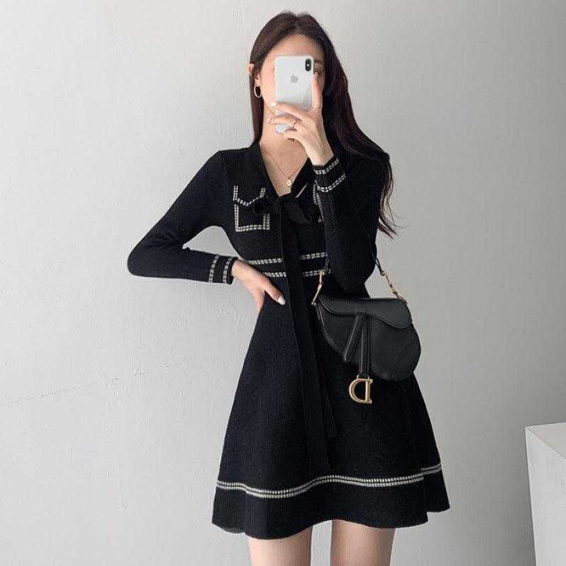 Contrasting Color Thread Design Sense Age - reducing Lace - up Knitted Long - sleeved Dress - Amazitshop
