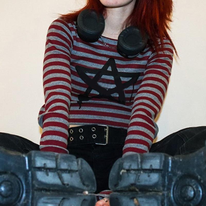 Crewneck Striped Pentagram Slim Fashion Long - sleeved T shirt - Amazitshop