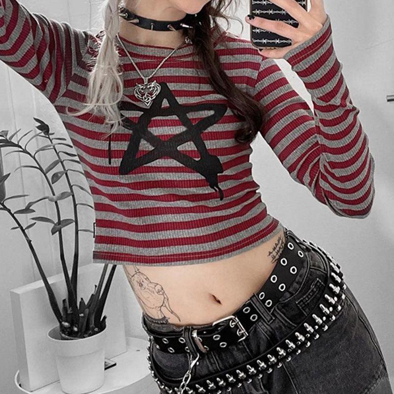 Crewneck Striped Pentagram Slim Fashion Long - sleeved T shirt - Amazitshop