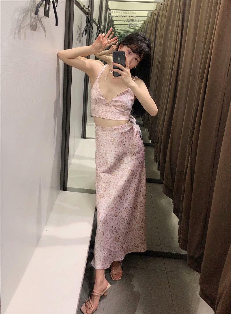 Cropped Traf Women Camis Thin - Straps Print Black Vintage Female Fashion Paisley - Amazitshop