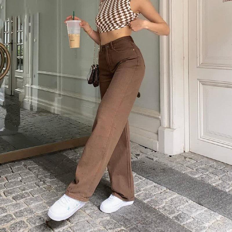 Brown Jeans Retro American Solid Color Looks Thin - amazitshop