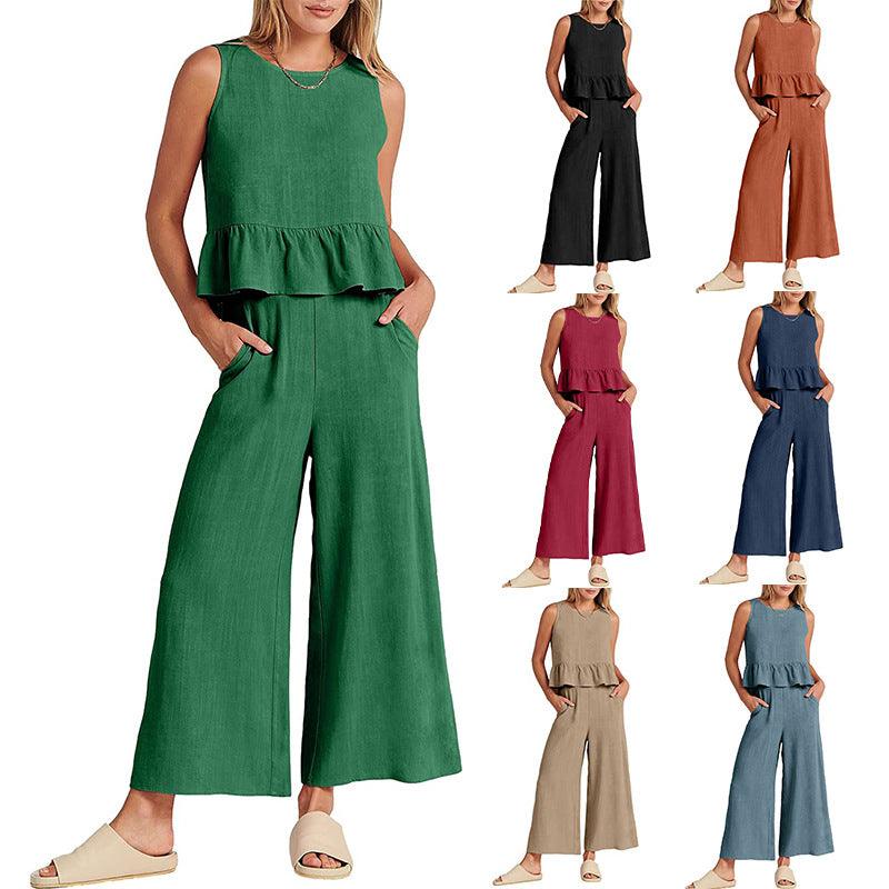 Casual Suit Summer Sleeveless Pleated Vest And Wide-leg Cropped Pants Fashion Two Piece Sets Women - amazitshop