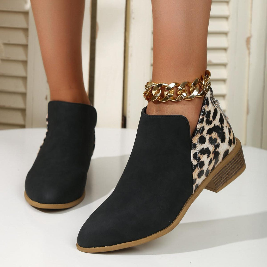 Fashion Leopard Print Boots Women Pointed Toe Chunky Heel Back Zipper Shoes - amazitshop