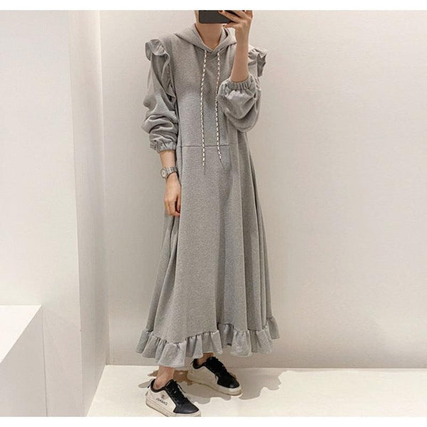 Pullover Dress Thickened Hooded Ruffled Long - amazitshop