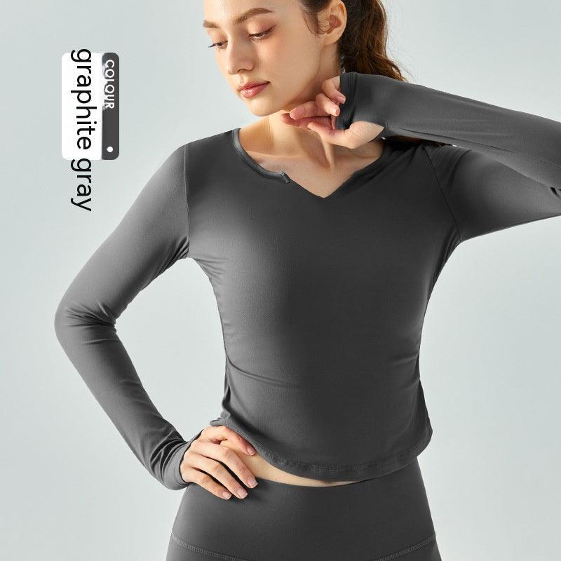 Nylon Loose V-neck Yoga Jacket Women's Circular Lower Hem Nude Feel Slim Fit Slimming Sports T-shirt Running Breathable Workout Long Sleeve - amazitshop