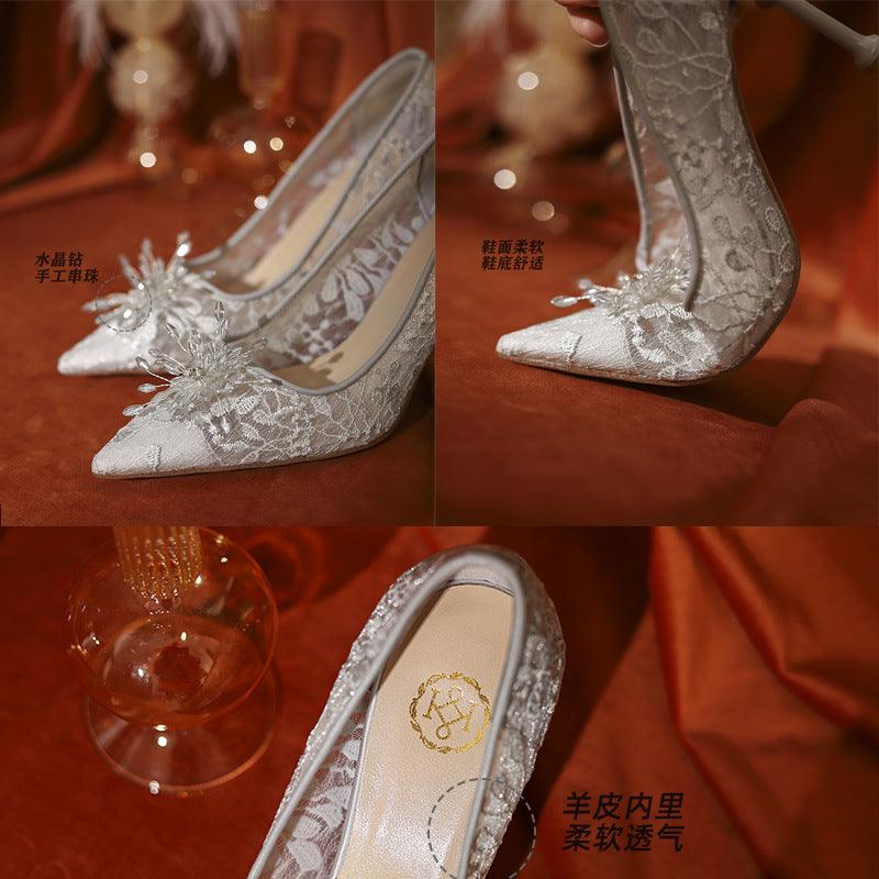 Wedding Shoes Flat White Wedding Dress Crystal Low Heel Shoes - amazitshop
