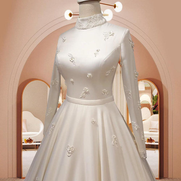 Women's Fashion Temperament Satin Stand-up Collar Long-sleeved Wedding Dresses - amazitshop