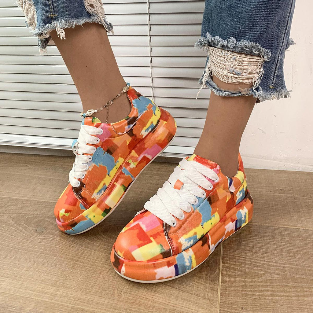 Halloween Cartoon Print Flats Fashion Graffiti Flats Shoes Platform Lace-up Round Toe Sports Shoes - amazitshop