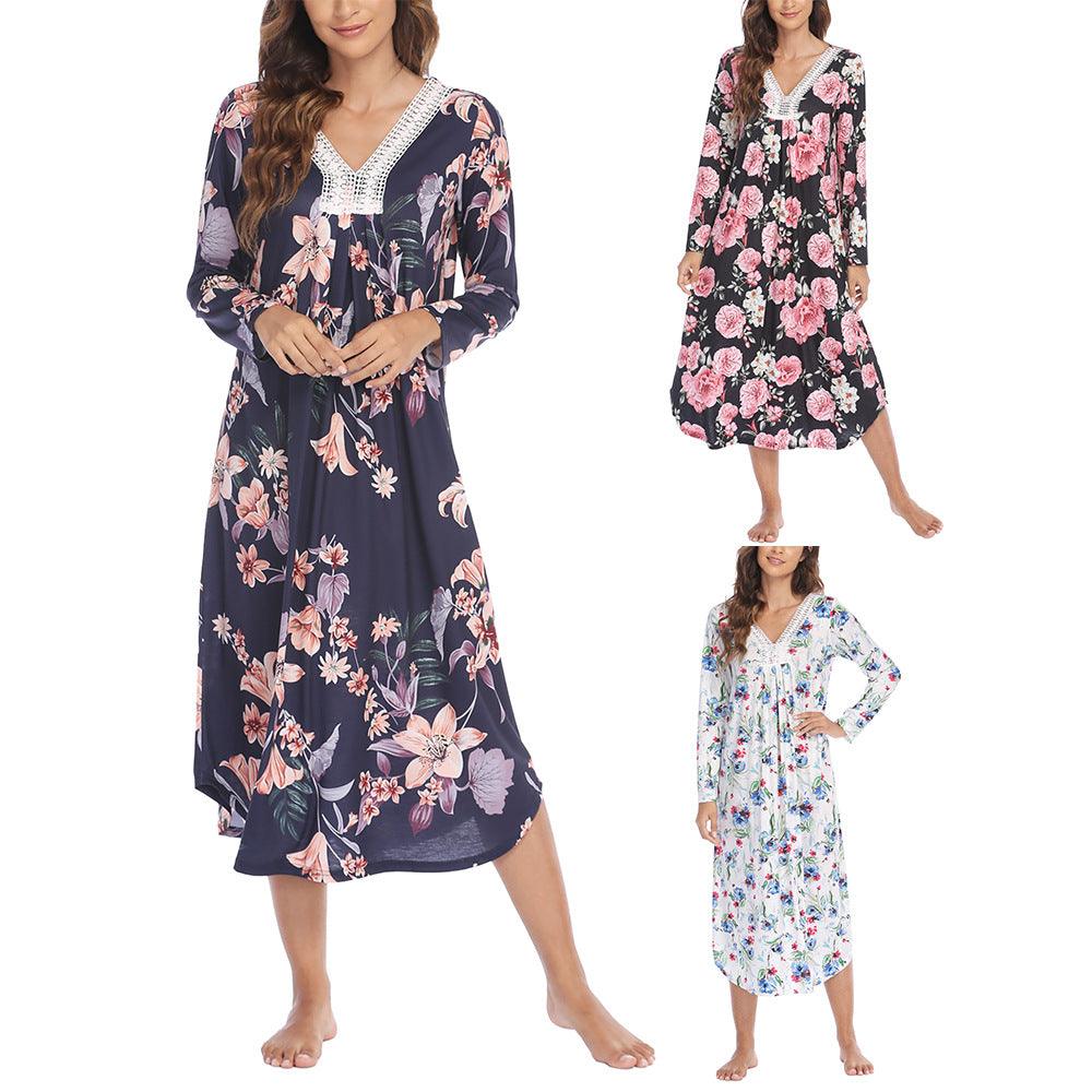 Women's Clothing Dress Printed Lace V-neck Patchwork Long Sleeve Nightdress - amazitshop