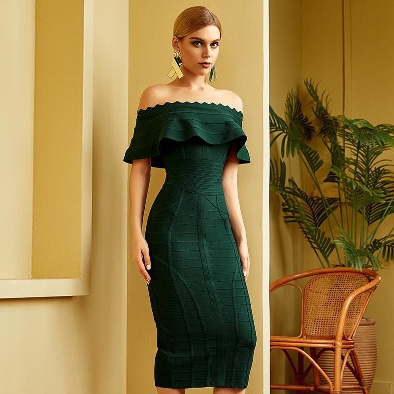 Women Green Off Shoulder Bandage Dress Party Dresses - amazitshop